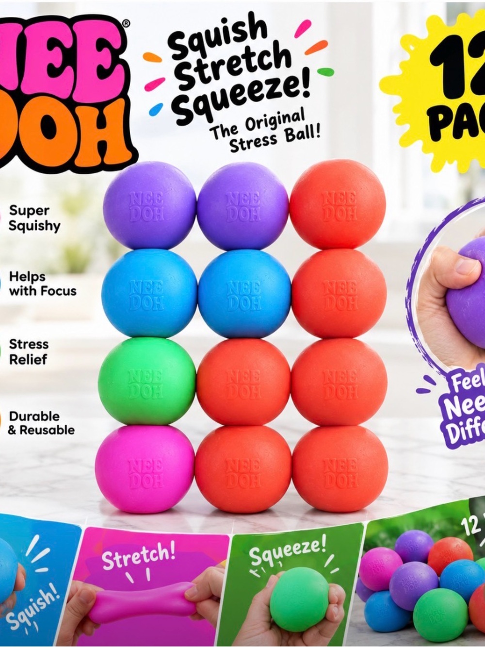 Colorful Squish Stretch Squeeze Balls - 12 Pack (Purple, Blue, Green, Pink, Red)